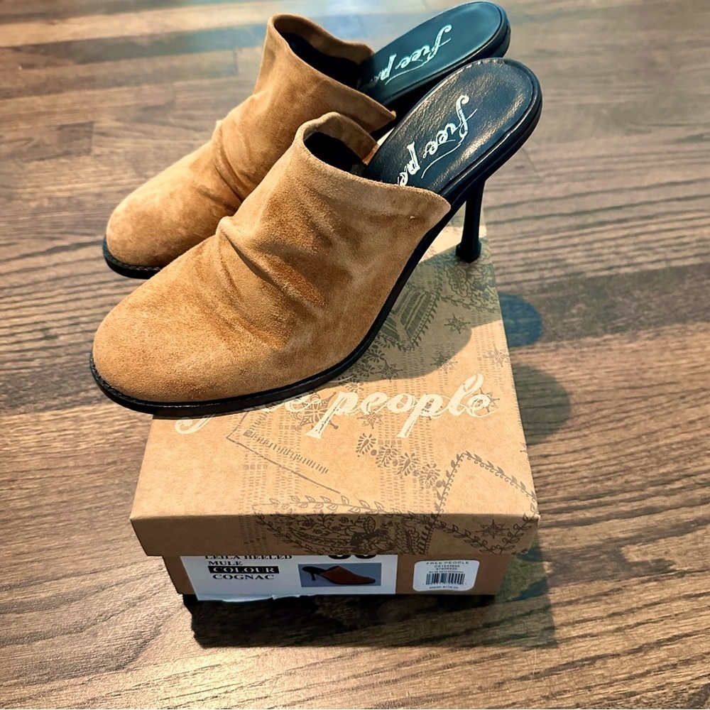 Free People Cognac Suede Mule Heels